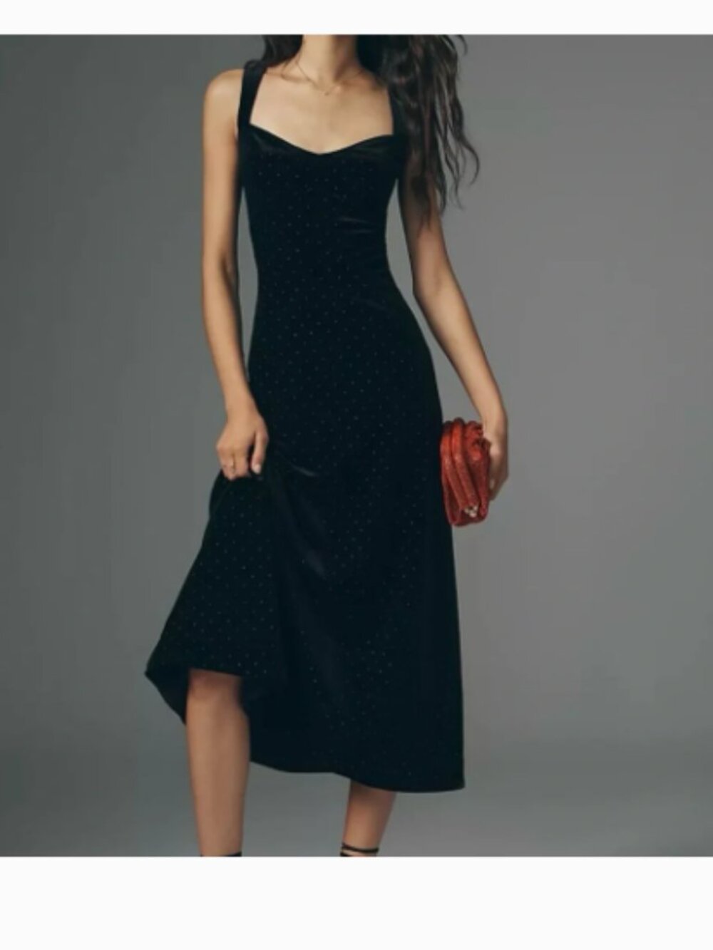 Anthropologie Black Velvet Midi Dress with Subtle Dot Detail